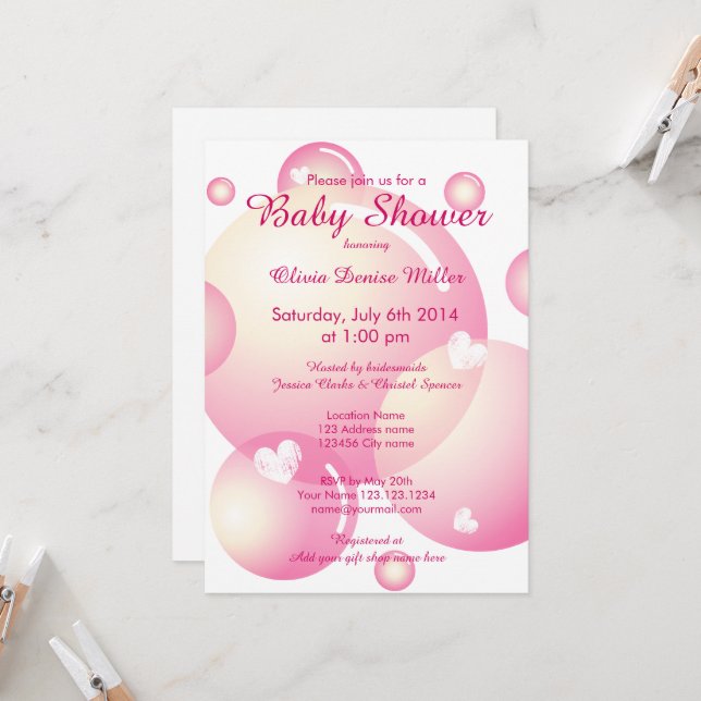 Invitation Jolie bulle de savon rose baby shower fille fête (Devant/Arrière en situation)