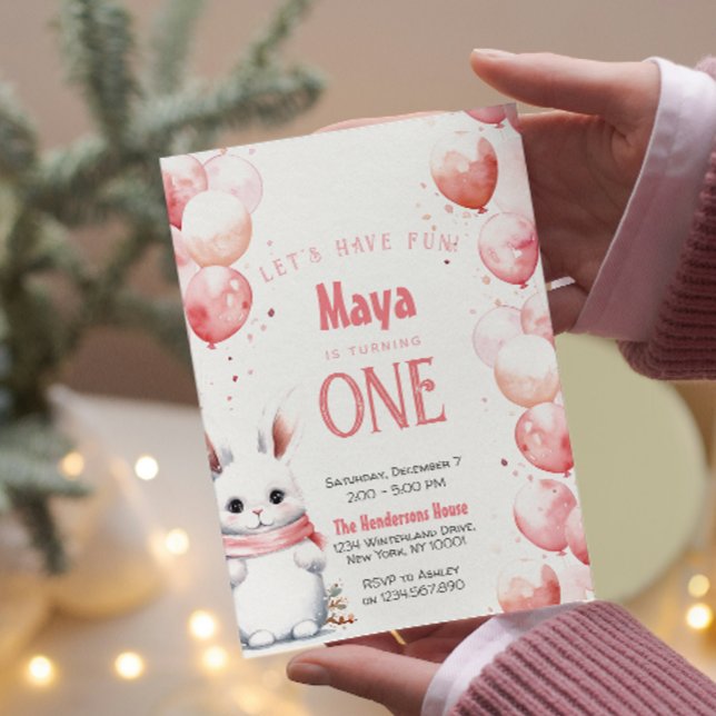 Invitation Jolie Bunny rose hiver Personnalisé fête d'anniver (Créateur téléchargé)