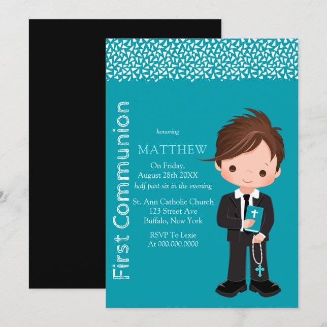 Invitation Jolie Cartoon Catholique Garçon Première Communion (Devant / Derrière)
