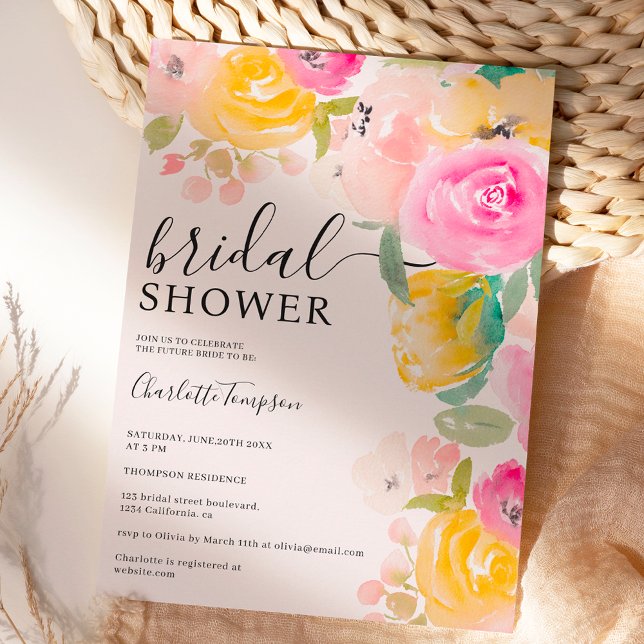 Invitation Jolie chic jardin fleuri aquarelle nuptiale (Pretty chic garden floral watercolor bridal shower invitation on pink)