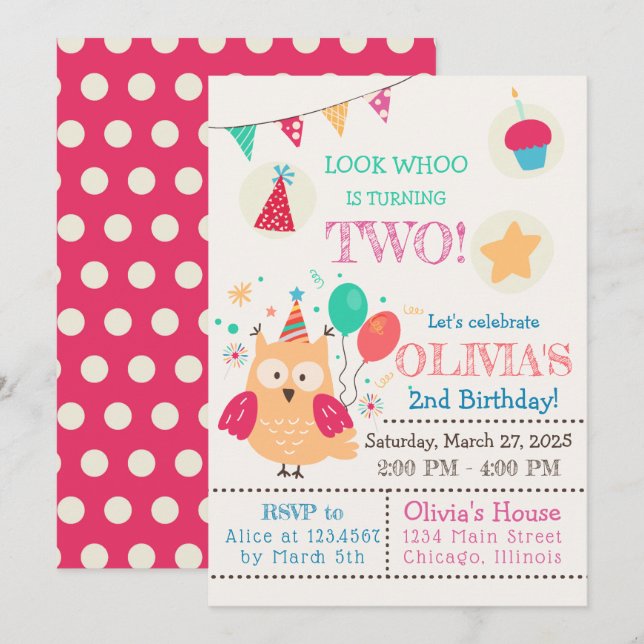 Invitation Jolie chouette colorée fête d'anniversaire (Devant / Derrière)