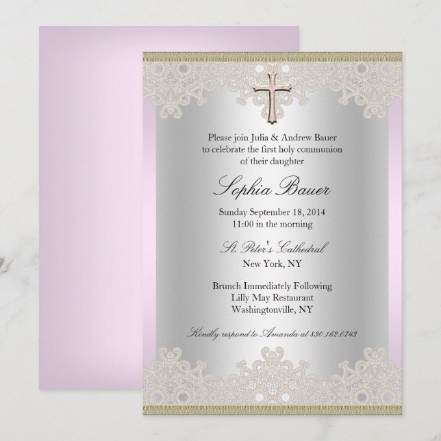 Invitation Jolie croix dentelle Baptême/Christening Invitatio (Devant / Derrière)