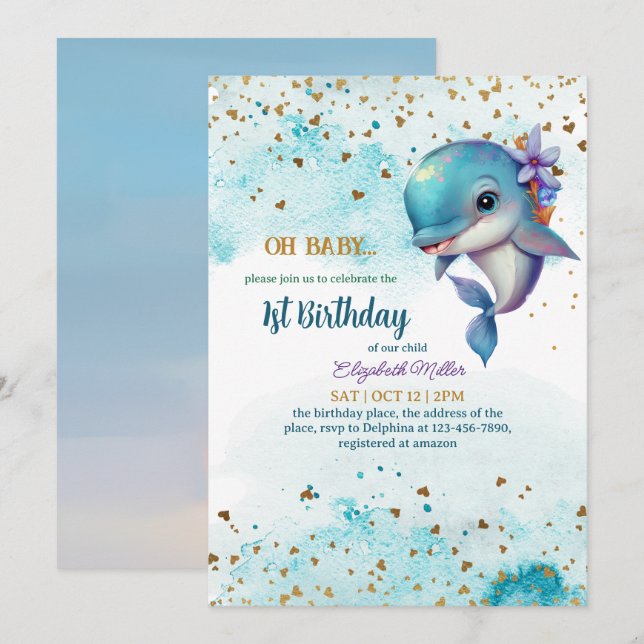 Invitation Jolie dauphin mignonne bébé fille 1er anniversaire (Devant / Derrière)