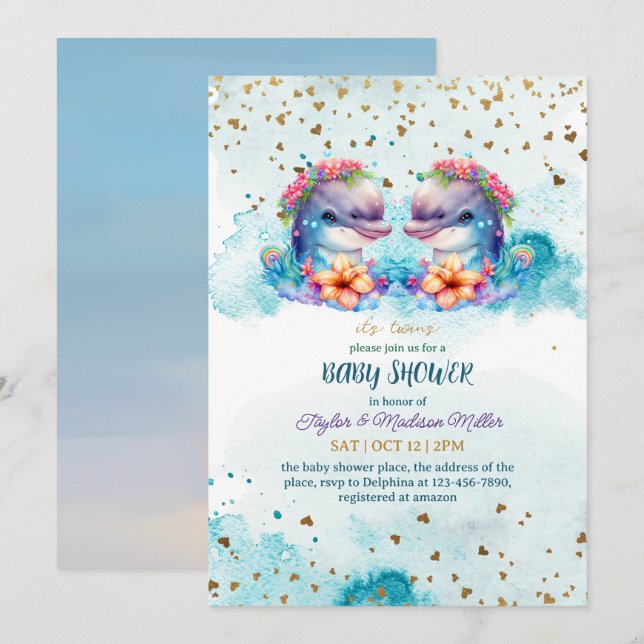 Invitation Jolie Dolphin Cute Twin Baby Boy Douche (Devant / Derrière)