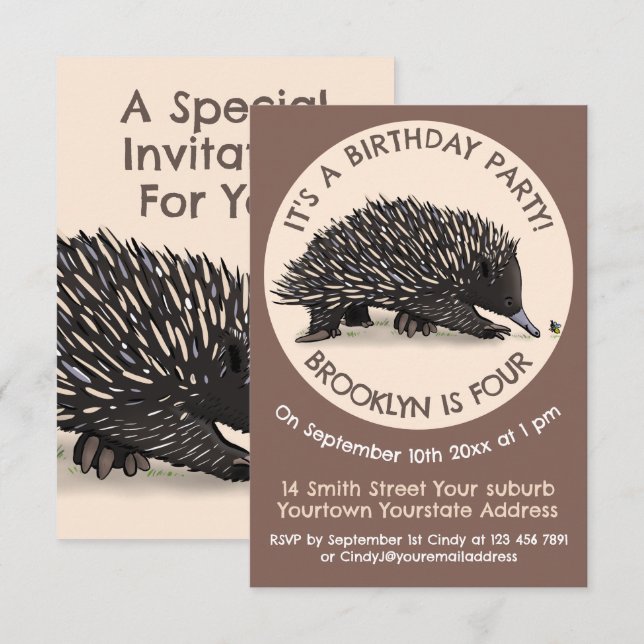 Invitation Jolie échidna et dessin animé d'abeilles invitatio (Devant / Derrière)