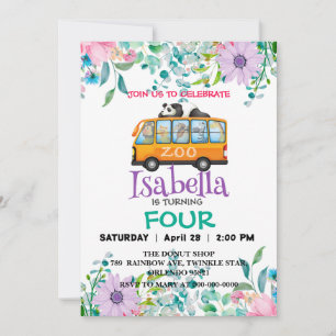 Invitation Jolie école de zoo Bus Animaux Anniversaire Fleurs