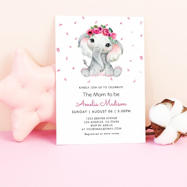 Invitation Jolie Eléphant Floral Aquarelle Bébé Fille douche (Cute Elephant Floral Watercolor Baby Girl shower Invitation
)