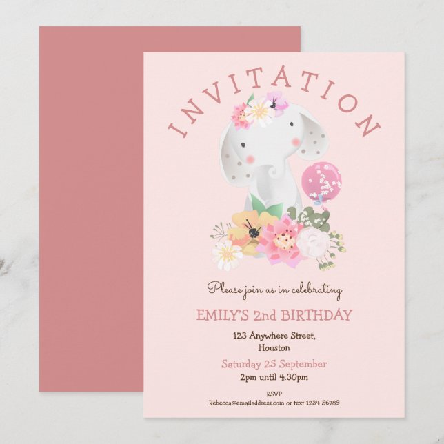 Invitation Jolie Eléphant Florals Fille 2e anniversaire Pink  (Devant / Derrière)