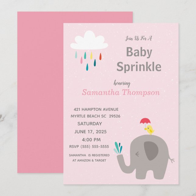 Invitation Jolie Eléphante Filles Rose Bébé Sprinkel Douche (Devant / Derrière)