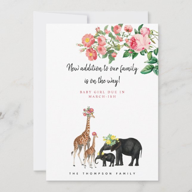 Invitation Jolie Eléphante Giraffe Grossesse Florale Annonce (Devant)