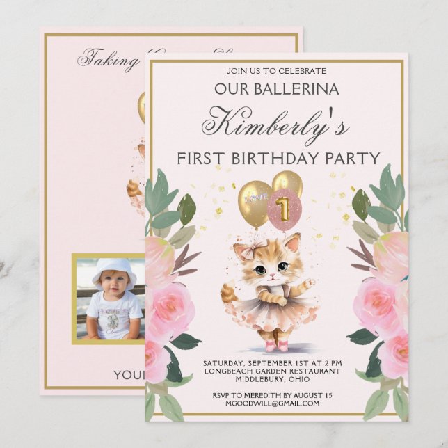 Invitation Jolie en rose Ballerina fille premier anniversaire (Devant / Derrière)