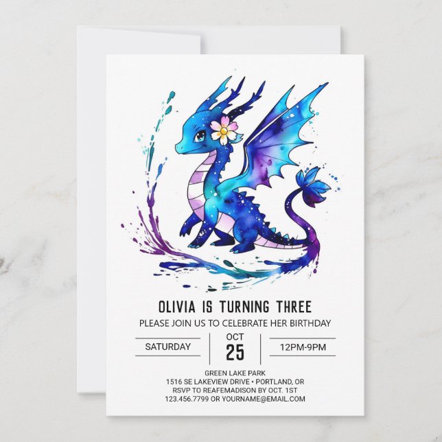 Invitation Jolie Fantasy Dragon Digital Girl Anniversaire (Devant)