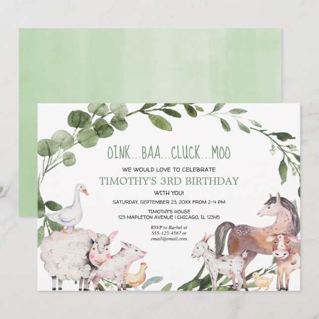 Invitation Jolie ferme animaux verdure garçon fête d'annivers (Devant / Derrière)