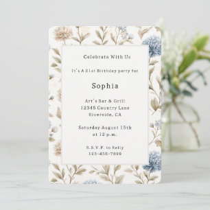 Invitation Jolie Fête Anniversaire Fleurs Bleues Crème