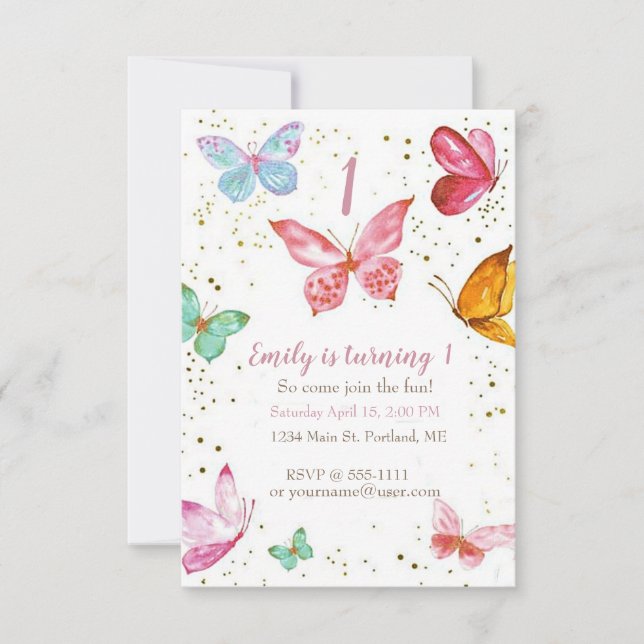 Invitation Jolie fête d'anniversaire aux papillons pastel (Devant)