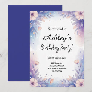 Invitation Jolie Fête d'Anniversaire Bleue & Violette Fille