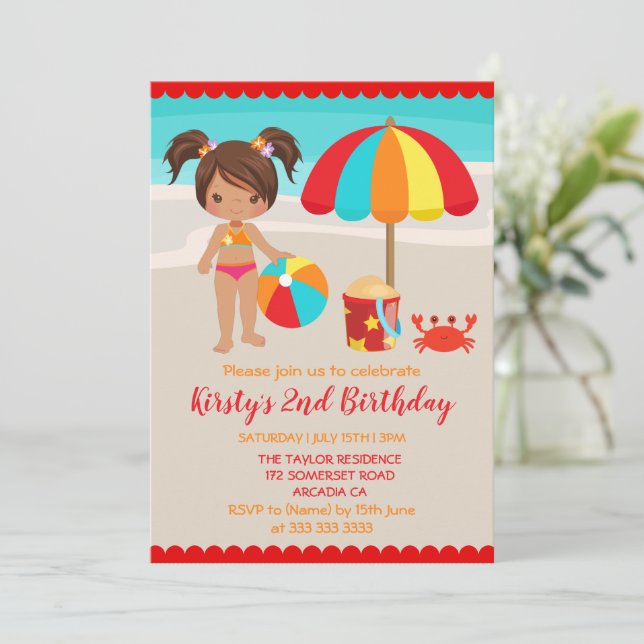 Invitation Jolie fête d'anniversaire de fille de plage d'été (Debout devant)