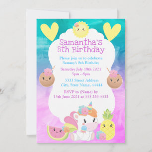 Invitation Jolie Fête d'anniversaire de Licorne Tropicale d'É