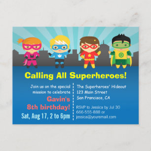 Invitation Jolie fête d'anniversaire de super-héros colorés