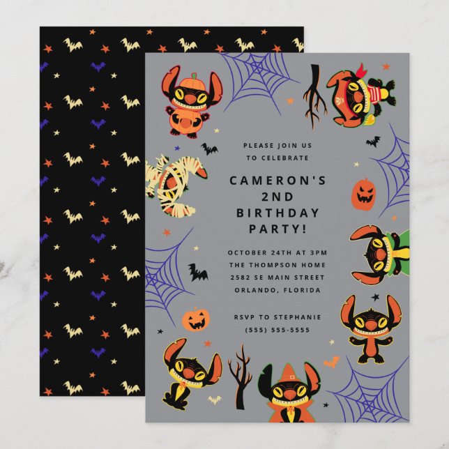 Invitation Jolie fête d'anniversaire d'Halloween de Stitch (Devant / Derrière)