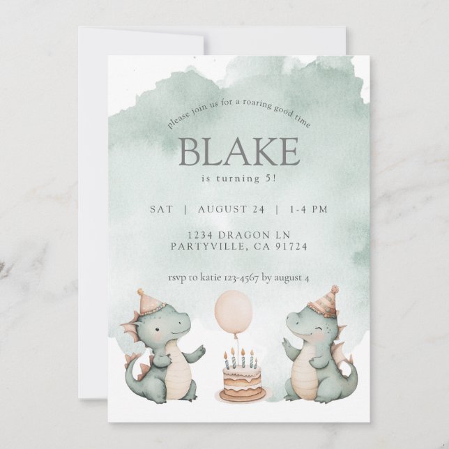 Invitation Jolie fête d'anniversaire Dragons Dinosaures (Devant)