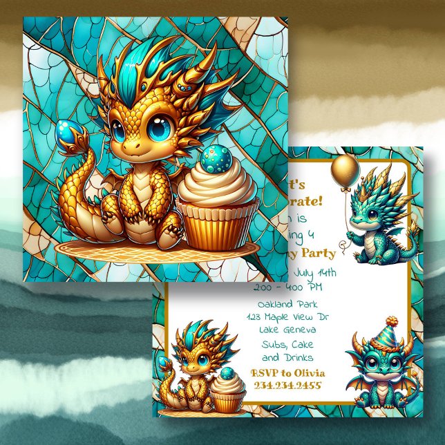 Invitation Jolie fête d'anniversaire du dragon Turquoise et d (Créateur téléchargé)
