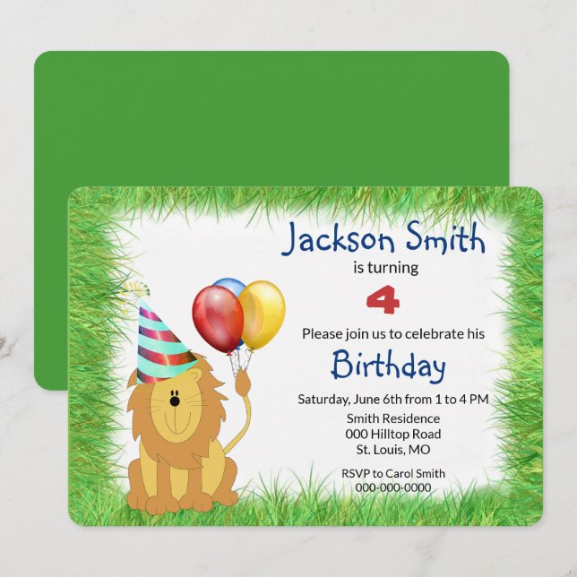 Invitation Jolie fête d'anniversaire du lion caricature pour  (Devant / Derrière)