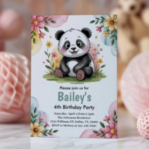 Invitation Jolie fête d'anniversaire enfant panda floral 4 an