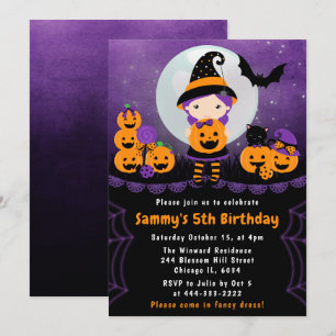 Invitation Jolie fête d'anniversaire Halloween sorcière et Ci