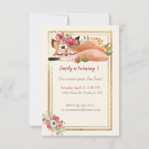 Invitation Jolie fête d'anniversaire pour bébé renard aquarel