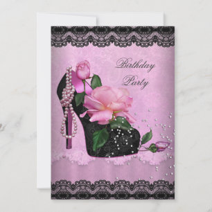 Invitation Jolie Fête d'Anniversaire Rose Talons Hauts Noir D