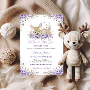 Invitation Jolie Fête de Bébé Fleurie Lavande Violette Cerf