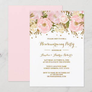 Invitation Jolie Fête de Chauffage Maison Fleurie Rose Doré