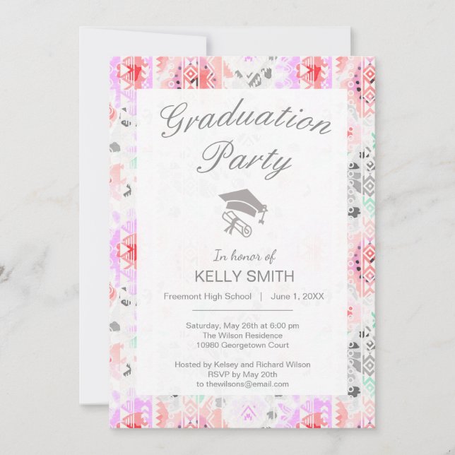 Invitation Jolie fête de graduation pastel floral pastel aztè (Devant)