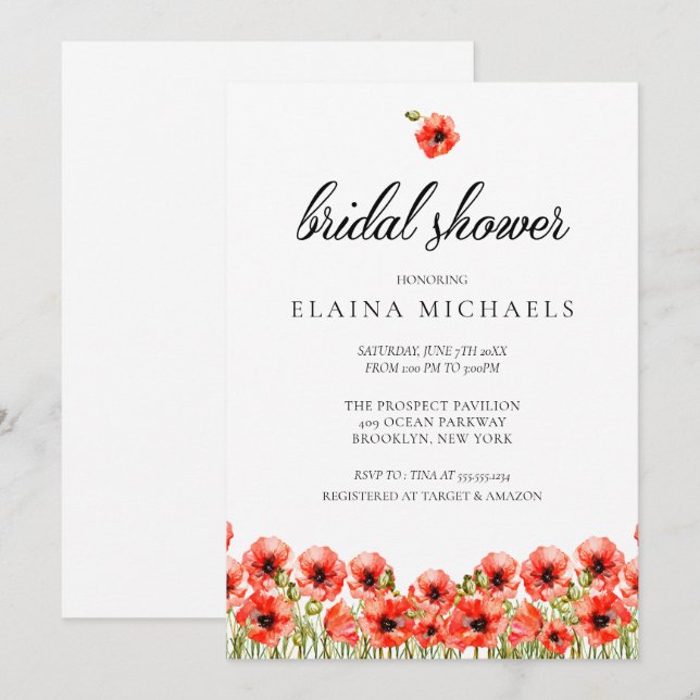 Invitation Jolie Fête de l'mariée des Red Poppies (Devant / Derrière)