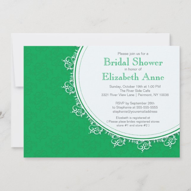 Invitation Jolie Fête de l'mariée moderne Emerald Green Damas (Devant)