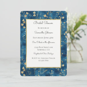 Invitation Jolie Fête de Mariage Fleurs Bleu Or