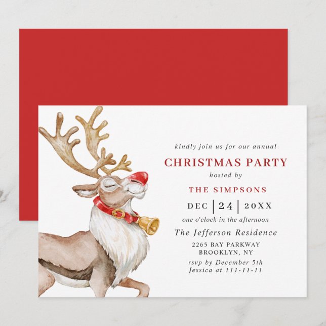 Invitation Jolie fête de Noël Cartoon Reindeer (Devant / Derrière)