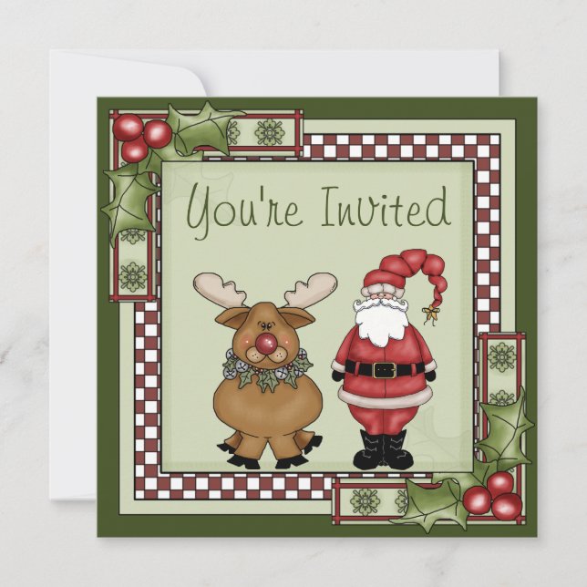 Invitation Jolie fête de Noël Père Noël et Reindeer (Devant)