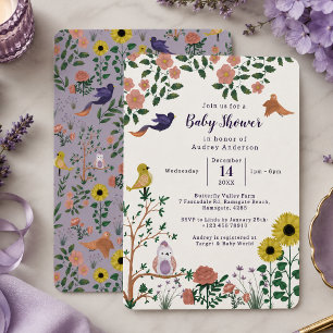 Invitation Jolie Fête de Thé Fleur Sauvage et Oiseaux Baby Sh