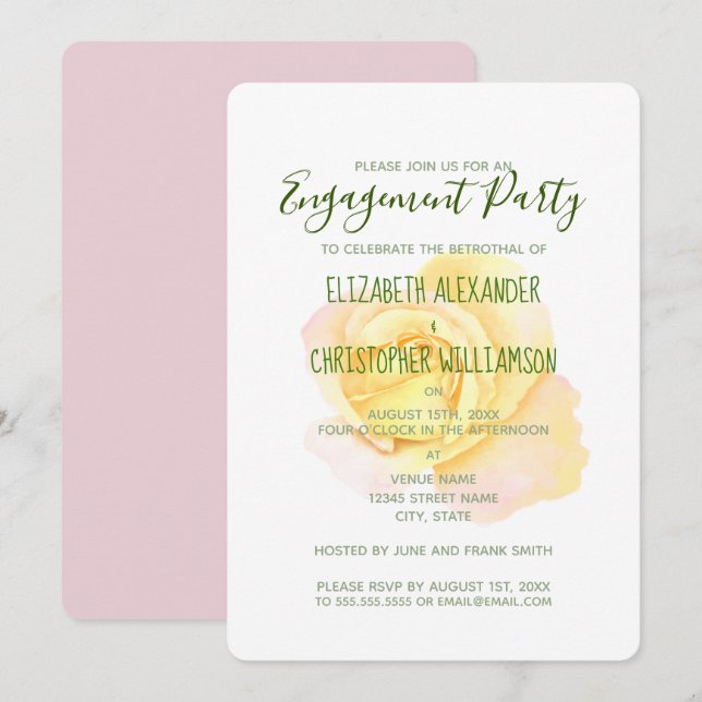 Invitation Jolie fête d'engagement Rose Jaune (Devant / Derrière)