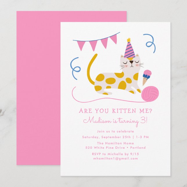 Invitation Jolie fête des Anniversaires de enfants de chats d (Devant / Derrière)