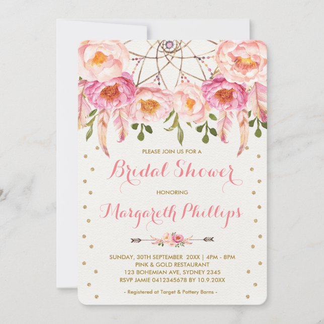Invitation Jolie Fête des mariées Boho Dreamcatcher rose et o (Devant)