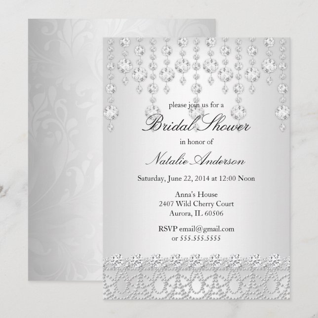 Invitation Jolie Fête des mariées Crystal gris argenté blanc (Devant / Derrière)