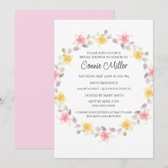 Invitation Jolie Fête des mariées rose et jaune Fleurs Lilly (Devant / Derrière)