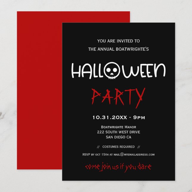 Invitation Jolie fête d'Halloween en noir et blanc (Devant / Derrière)