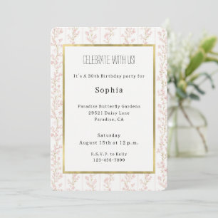 Invitation Jolie Fête Fleurs Roses Pâles Rayures Anniversaire