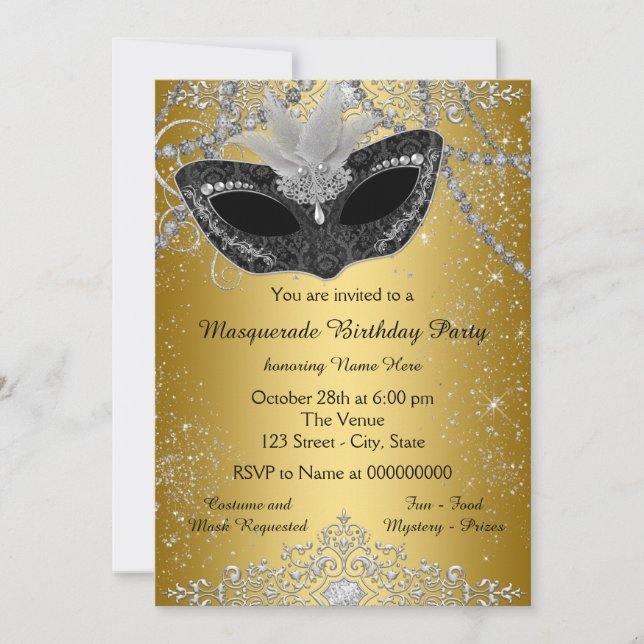 Invitation Jolie fête mascarade noire et or (Devant)