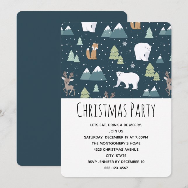 Invitation Jolie fête Motif des animaux d'hiver de Noël (Devant / Derrière)