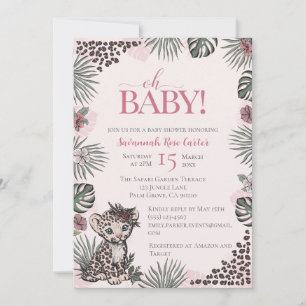 Invitation Jolie Fête Prénatale de Bébé Fille Safari Léopard